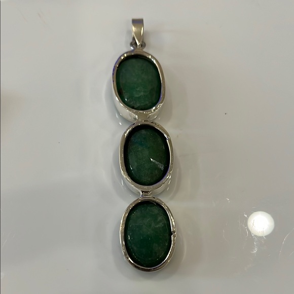 FACET Green EMERALD THREE STONE Pendant STAMPED 925 SILVER - Picture 4 of 5